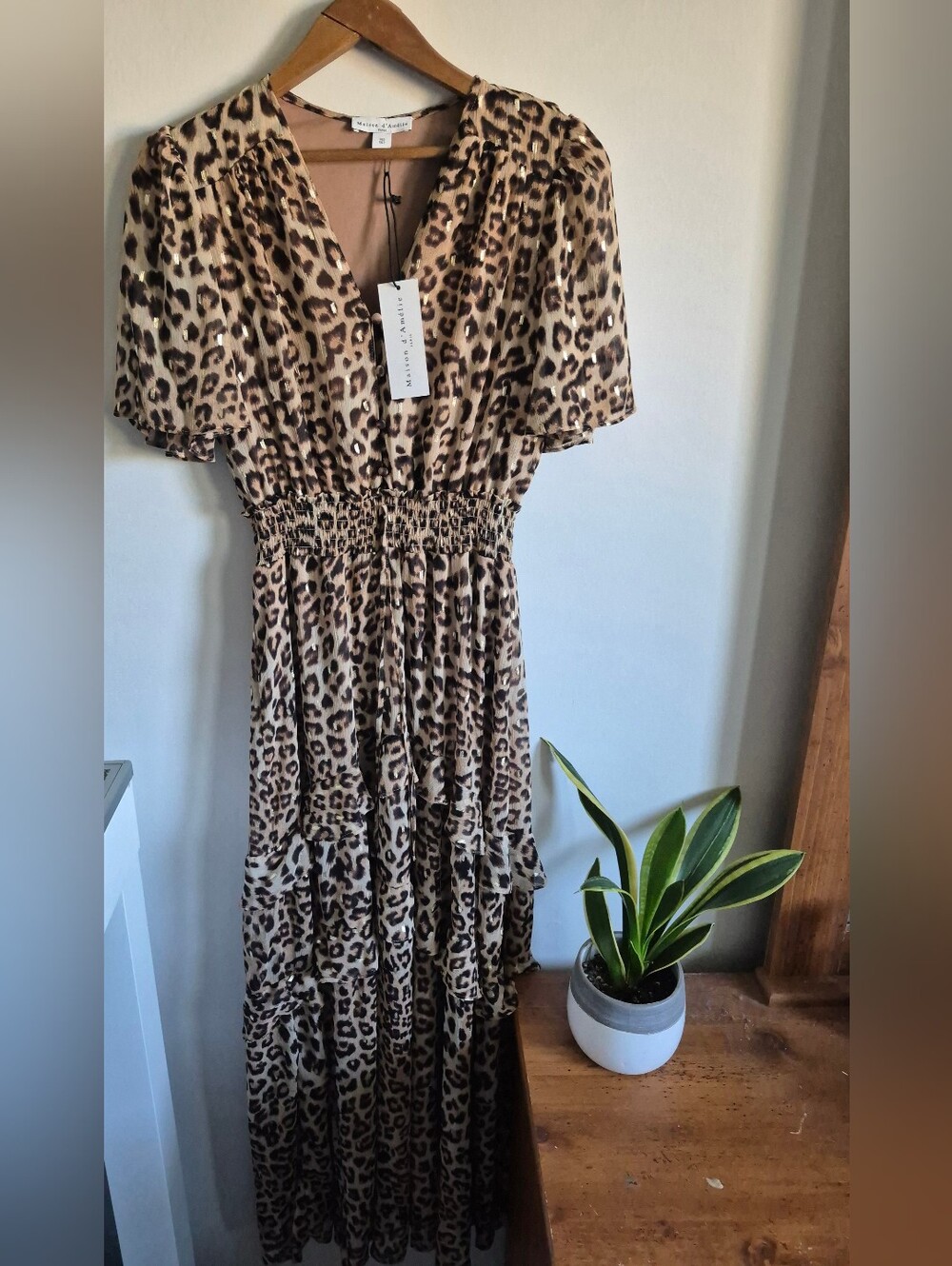 Maison d'Amรฉlie Leopard Print V-Neck Shirred Waist Ruffle Maxi Dress